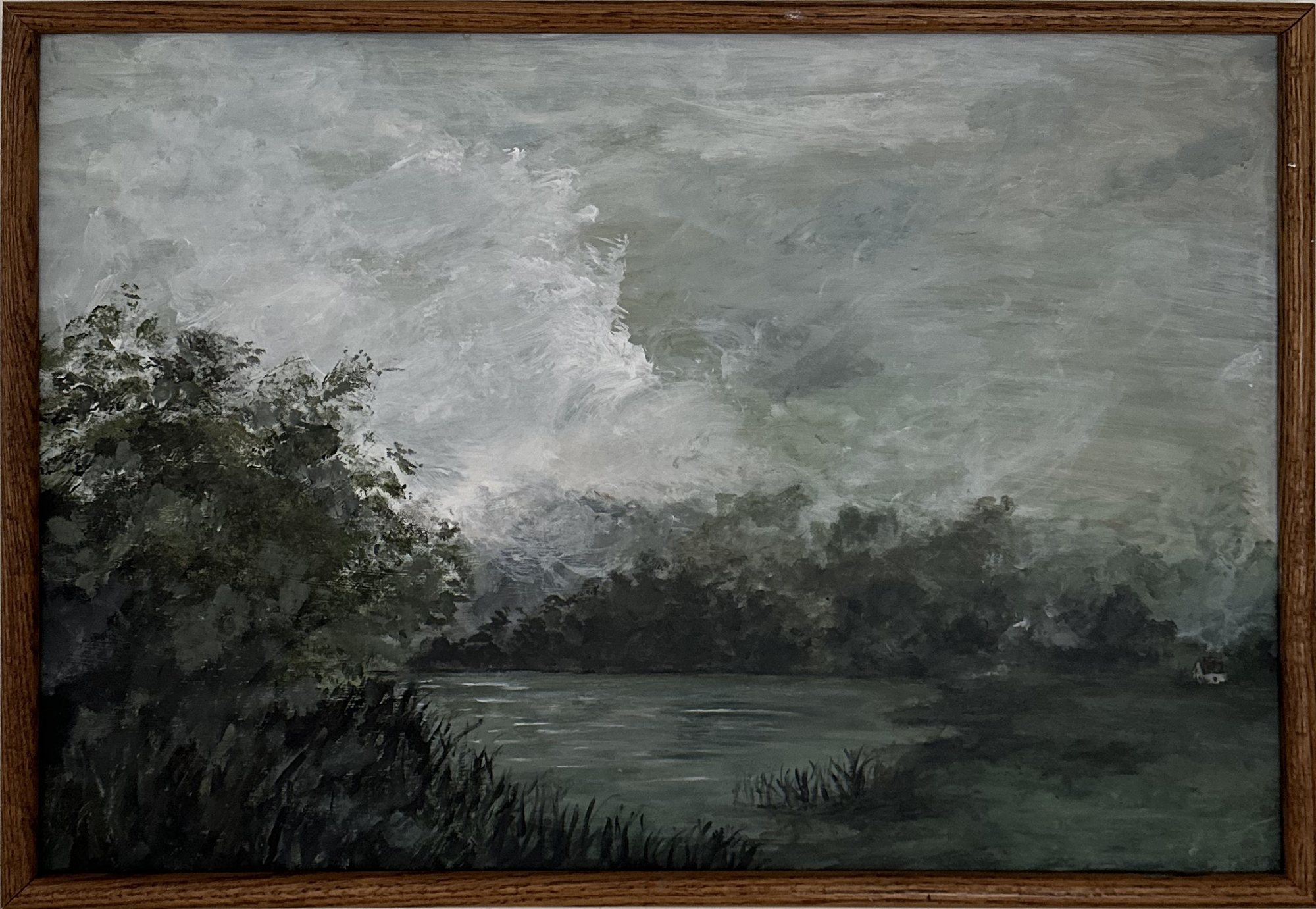 Memories Home — a dark treeline and still water beneath a pale clouded sky