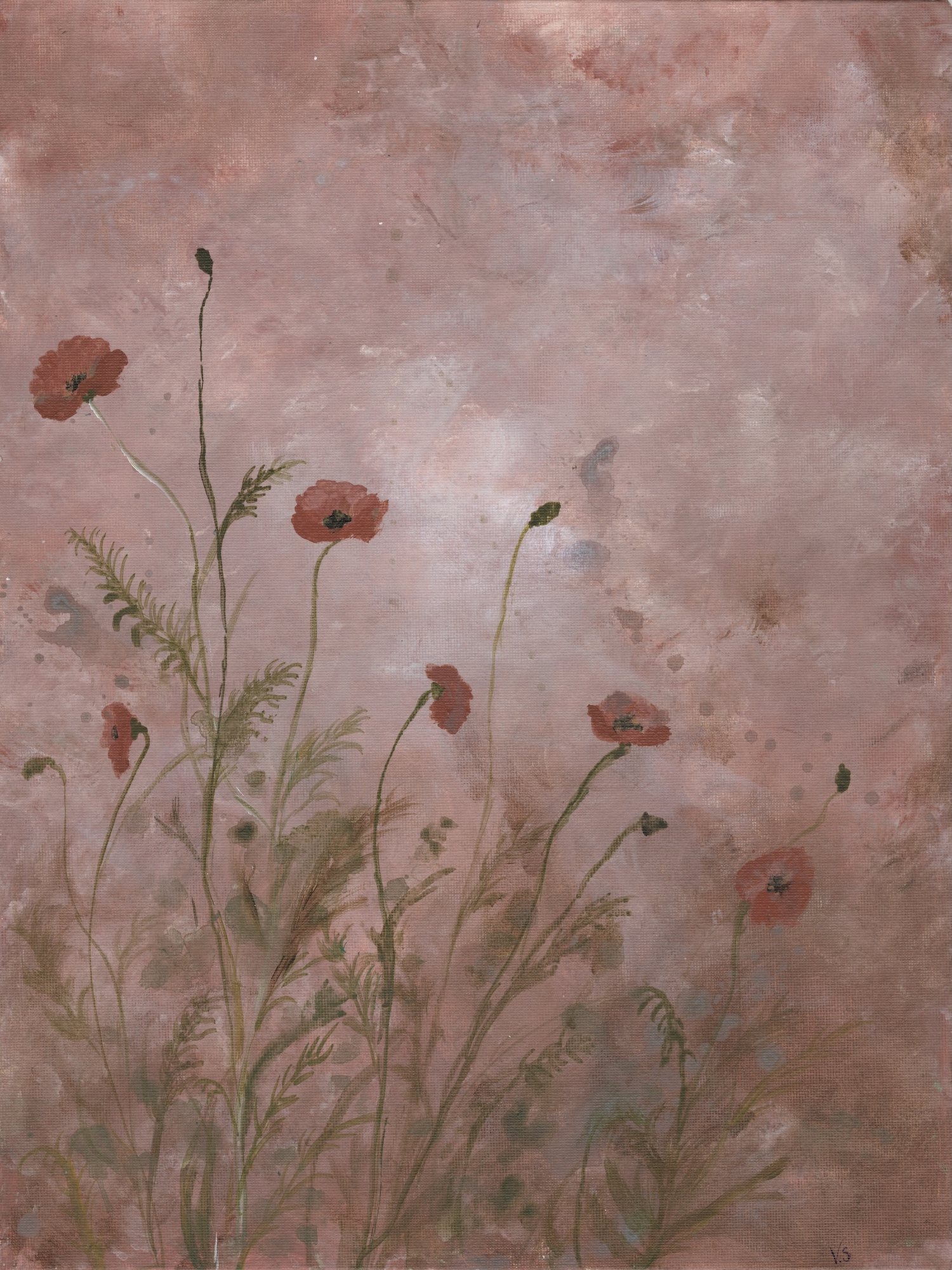 Poppies — red poppies on slender green stems against a dusty rose ground